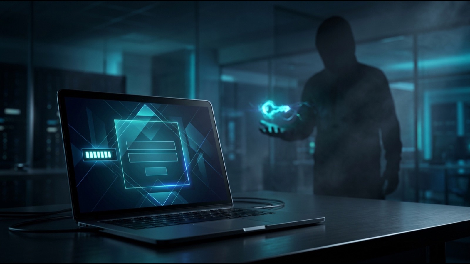 Prihlasovací kód na obrazovke pred pravou Microsoft doménou, v pozadí tieň útočníka preberajúceho prístup