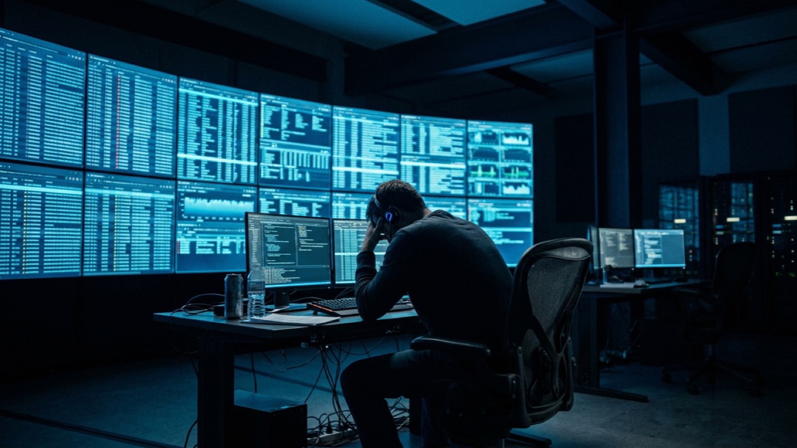 Vyčerpaný bezpečnostný analytik v tmavej operačnej miestnosti pred stenou monitorov plných alertov